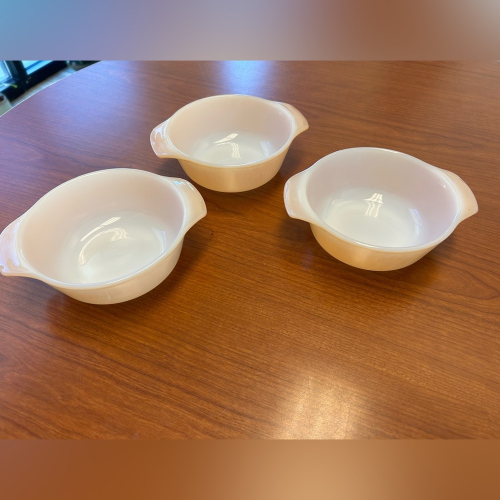 Anchor Hocking Fire King #472 Peach iridescent Lusterware 12oz Bake Set of 3.
